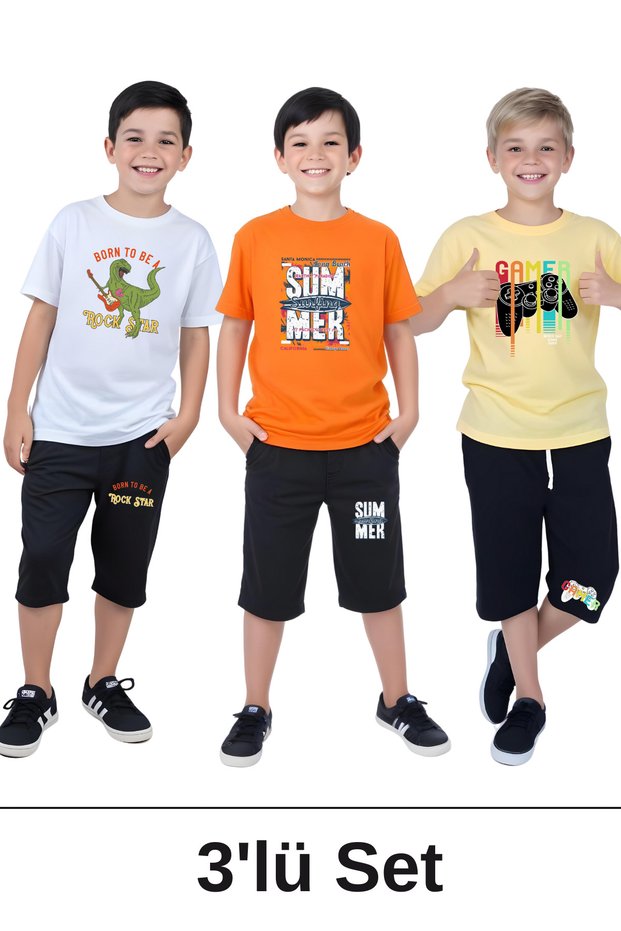 3-Piece Summer-Rockstar-Gamer Printed Boys' Short Sleeve Double Pocket Capri Bottom-Top Suit