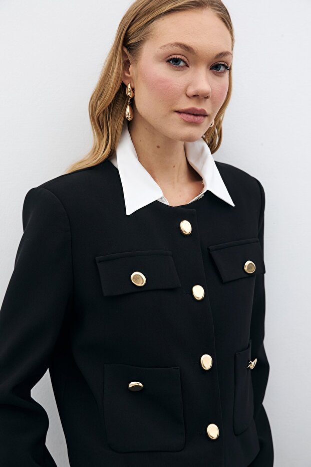 سترة قصيرة بأزرار - أسود - 1