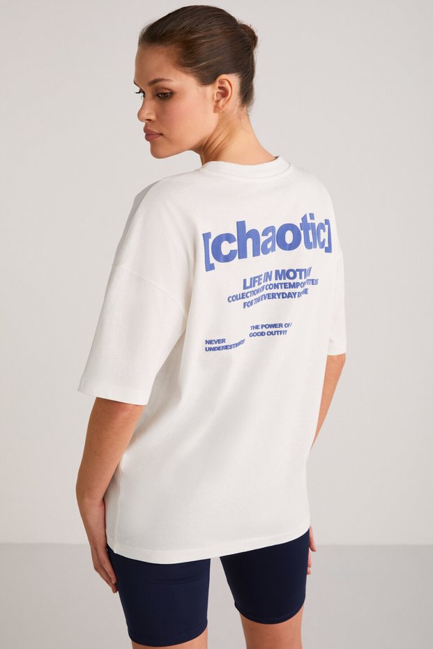 Arcadia Women's T-Shirt with Text Detail on the Back and Front, 100% Organic Cotton, Ecru/Blue