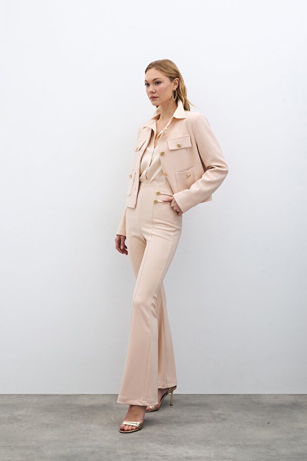 İspanyol Paça Pantolon - Bej - 4