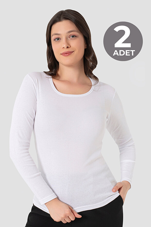 2 Pcs Women's White T-Shirt Crew Neck Long Sleeve Undershirt Badi 100% Cotton Rib