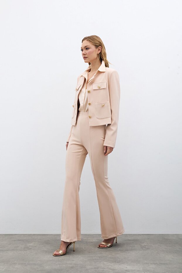 İspanyol Paça Pantolon - Bej - 5