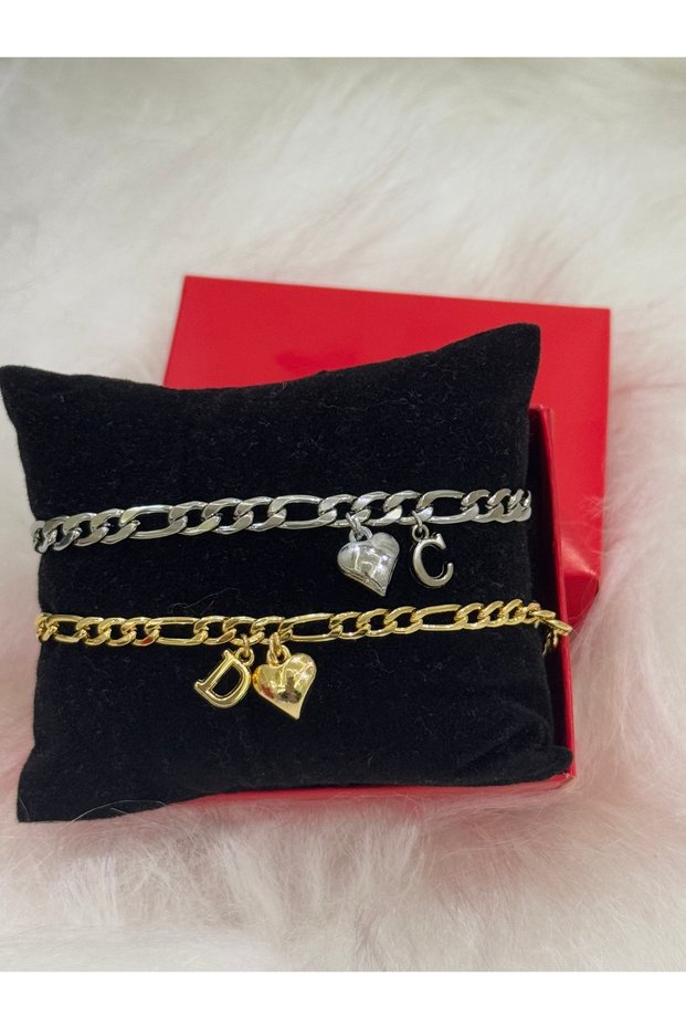 Double Heart Detailed Steel Letter Bracelet for Lover Friend - 2 Pcs