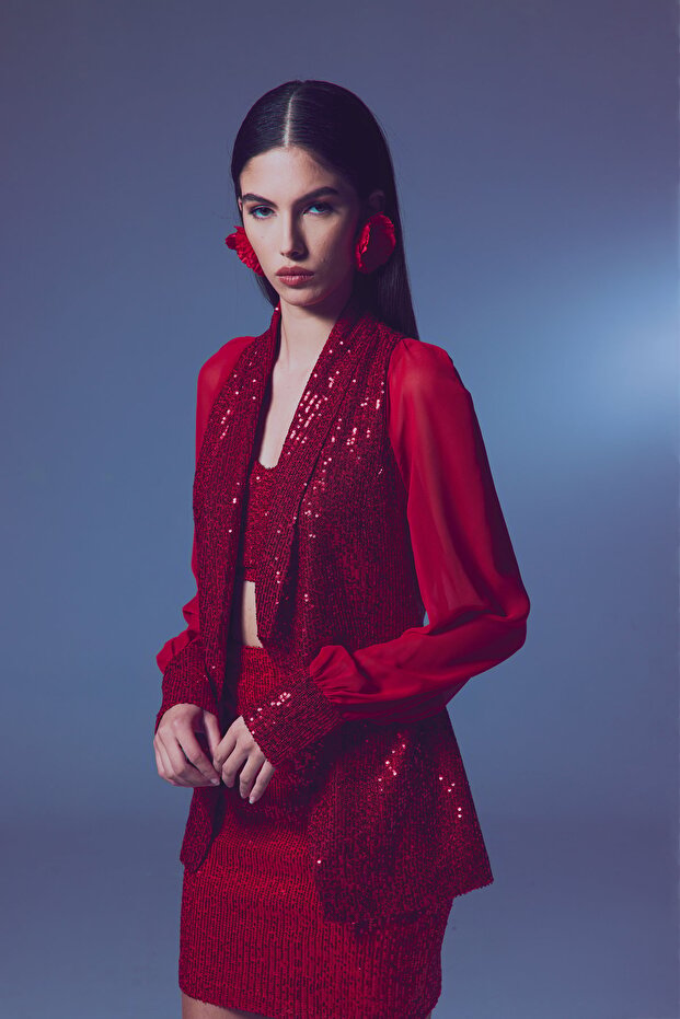 سترة شيفون بأكمام ترتر - أحمر - 4