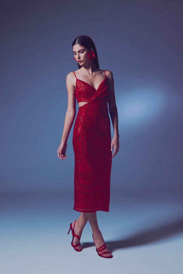 Dekolteli Payet Elbise - Kırmızı - 5