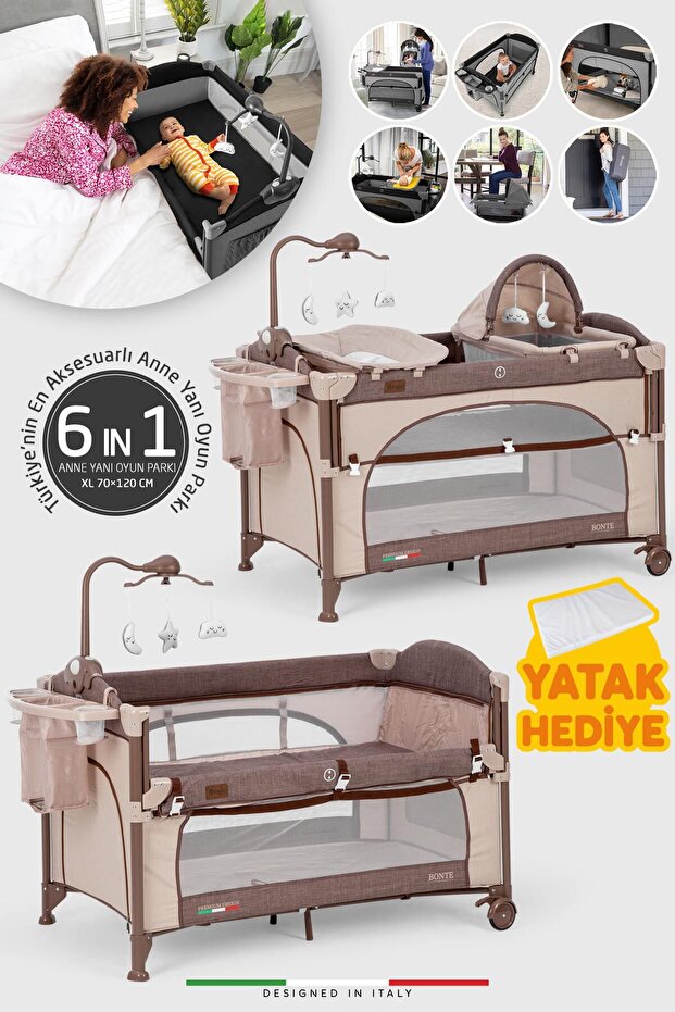 Elele Bonte 2 6in1 Lüks Anne Yanı Oyun Parkı Park Yatak Xl 70x120 Cm Kahverengi Yatak Hediye