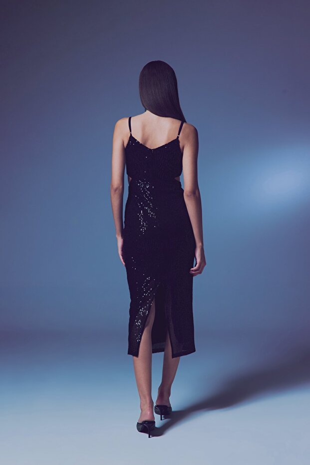 Dekolteli Payet Elbise - Siyah - 7