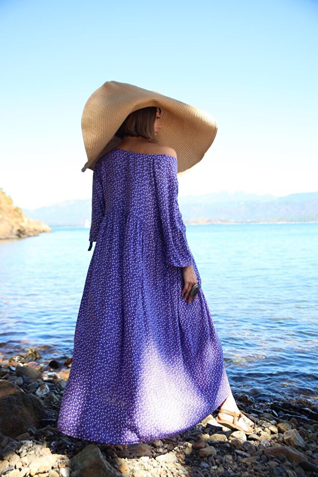 Mor Çiçekli Önü Düğmeli Elbise - 4