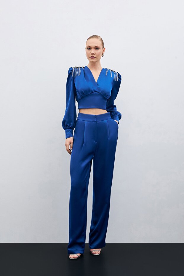 Pleated Satin Crepe Trousers - Indigo