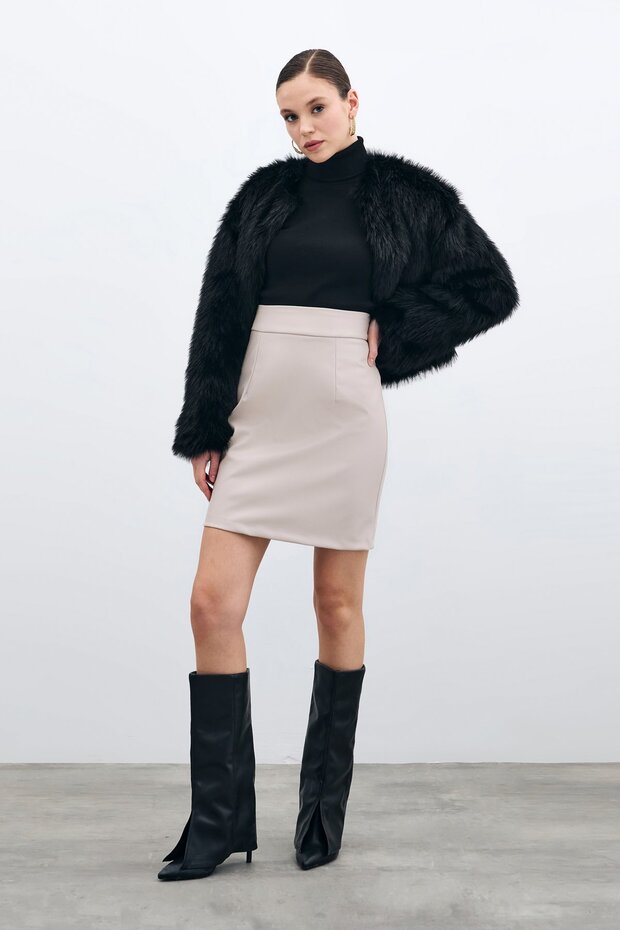 Şardonlu Deri Etek - Taş - 1