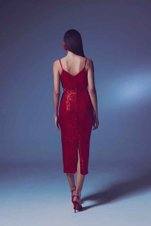 Dekolteli Payet Elbise - Kırmızı - 8
