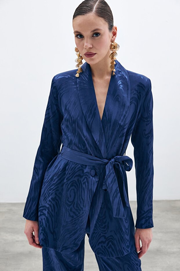 Jachetă lungă cu curea - bleumarin - 1