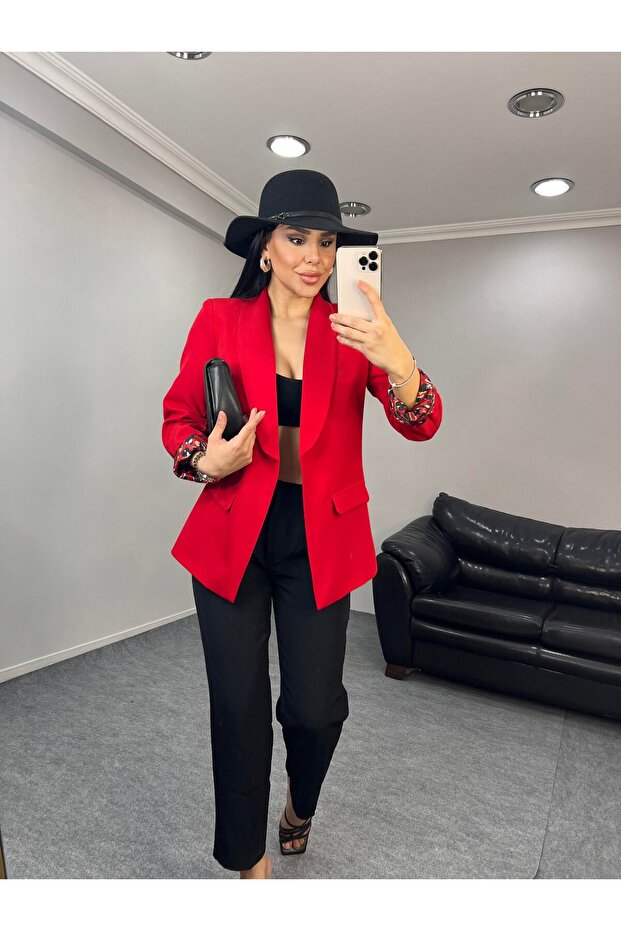 Women's Shawl Neck Button-Free Pocket Leopard Pattern Lined Foldable Sleeve Blazer Jacket