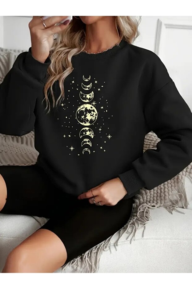 Women's Black Moon Printed Crew Neck Oversize Sweatshirt