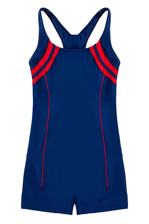 Girl's Striped Navy Blue Swimming Athlete Swimsuit
