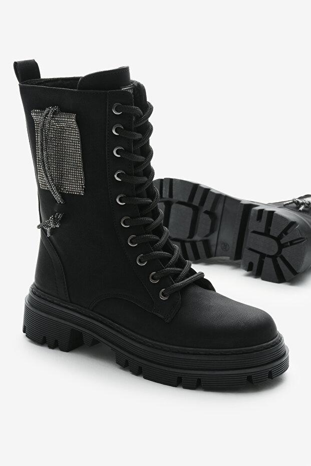 Női fekete matt termotalp kővel az oldalán, fűzős és cipzáras csizma - 4