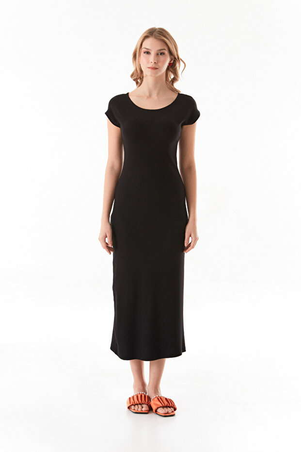 Basic Ribbed Slit Dress - 8