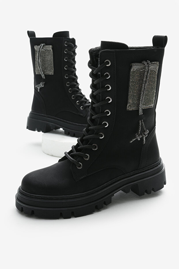 Női fekete matt termotalp kővel az oldalán, fűzős és cipzáras csizma - 1