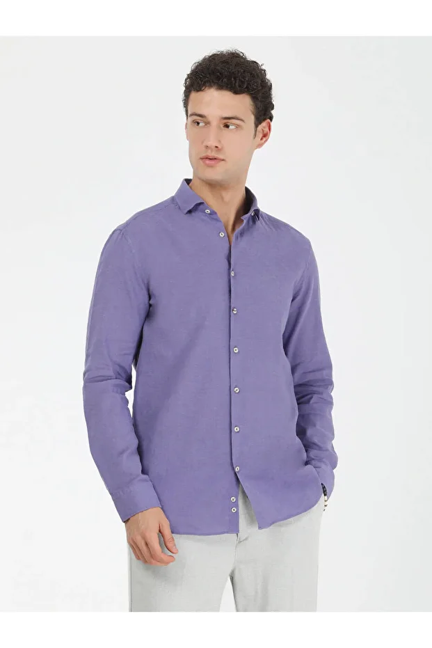 Mor Düz Regular Fit Dokuma Casual Pamuk Karışımlı Gömlek - 2
