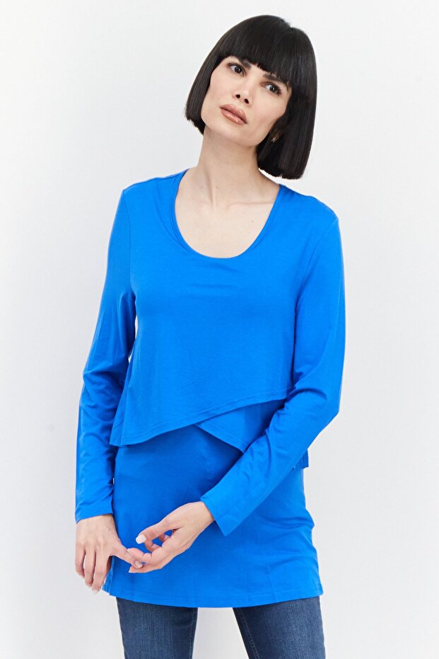 Women Scoop Neck Long Sleeve Plain Top, Blue