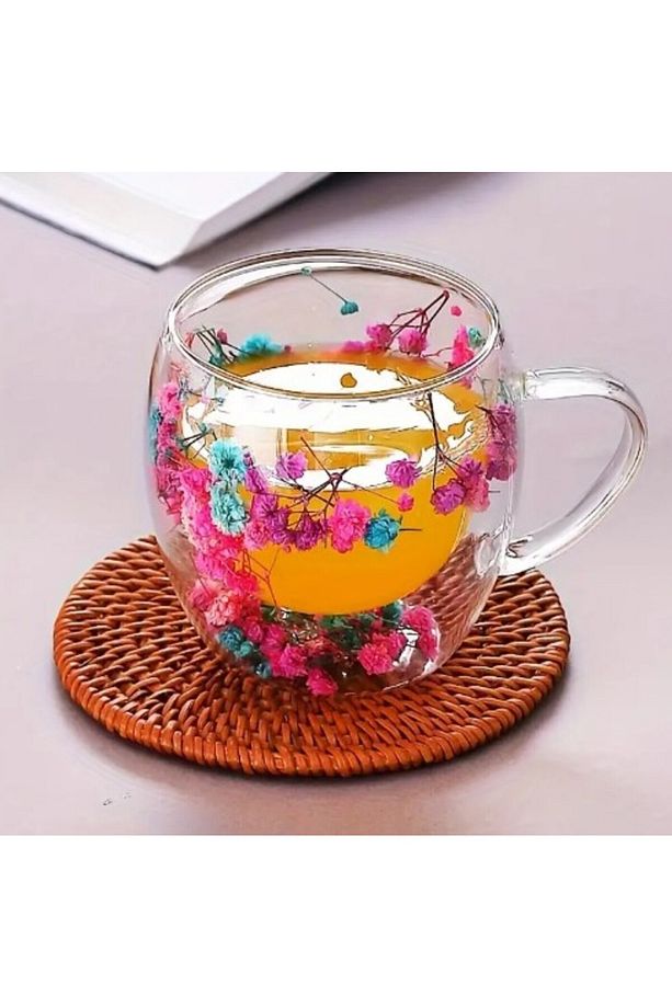 Isıya Dayanıklı Çift Çidarlı Kurutulmuş Canlı Çiçekli Kupa (Karışık) - 1