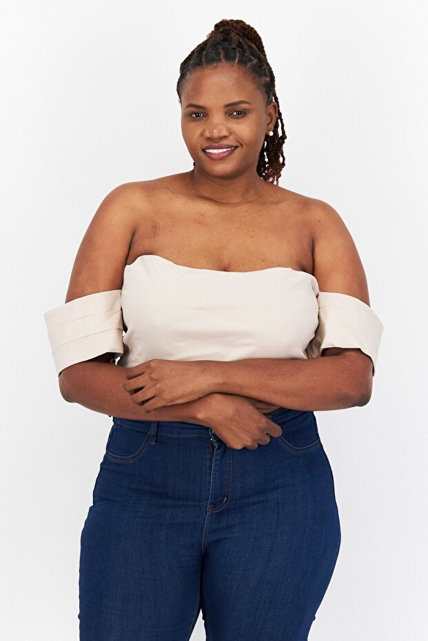 Women Plus Size Off Shoulder Short Sleeves Textured Crop Top, Beige