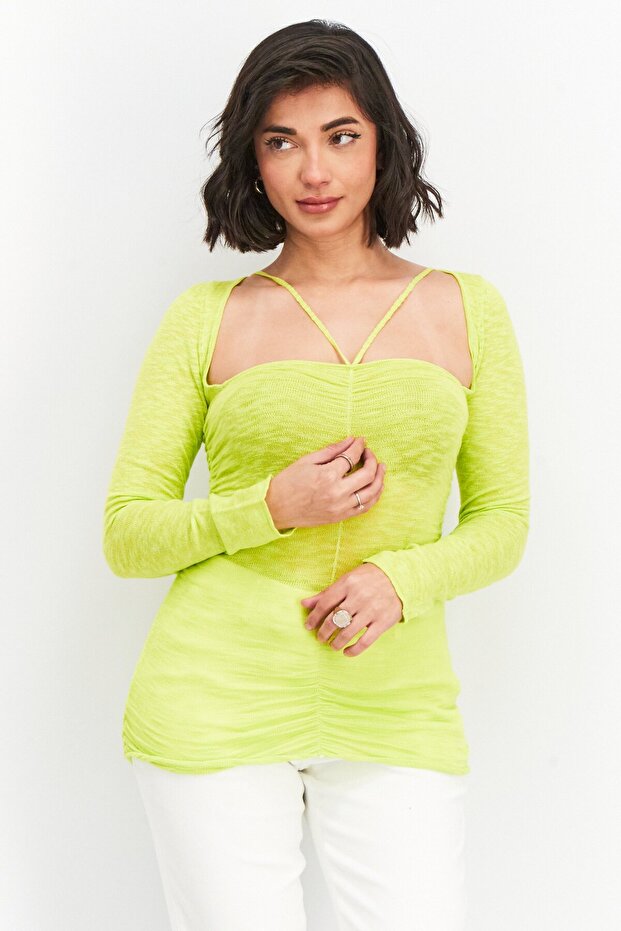 Women Square Neck Long Sleeve Textured Blouse, Lime Green