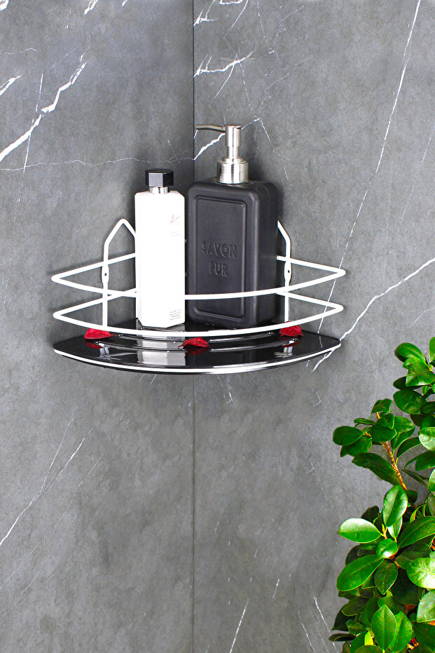 Economical Stainless White Shampoo Holder with Crystal Shelf Adhesive Bathroom Corner Shower Shelf