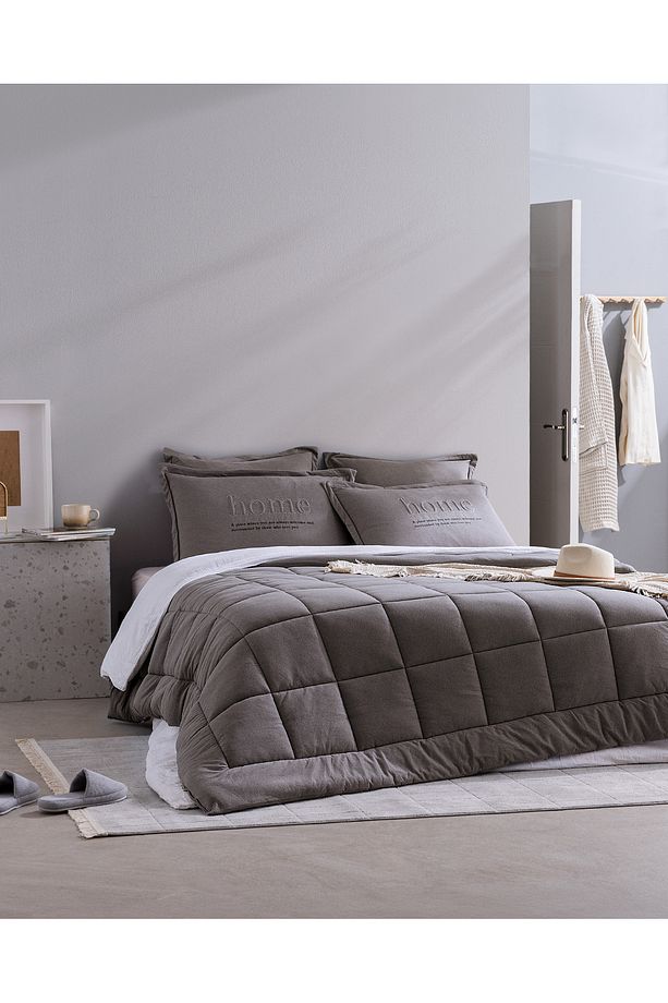 Bobigny Çift Kişilik Pamuklu SuperSoft Comforter Set - Antrasit - 1
