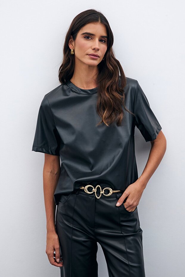 Kurzarm-Lederbluse – Schwarz - 1
