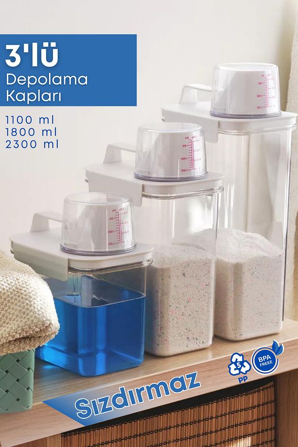 3 Lü Sızdırmaz Depolama Sıvı Toz Deterjan Saklama Kutusu- Ölçekli Kap 1100 ML 1800 ML 2300 ML - 1