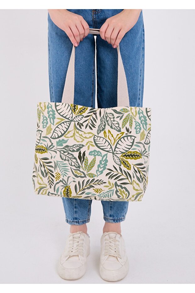 | Canvas Women's Bag, Large Size, Lined, Snap Fastener, Inner Pocket, Botanical Pattern, Casual