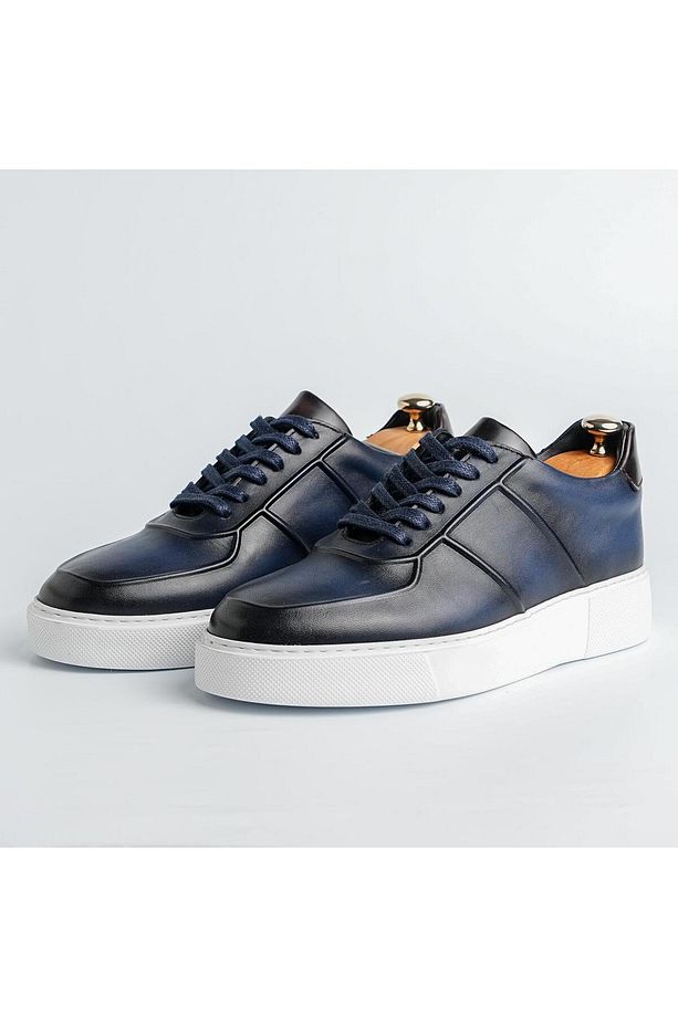 Eddy model Model Hakiki Deri El Yapımı Erkek Lacivert Sneakers Ayakkabı - 1