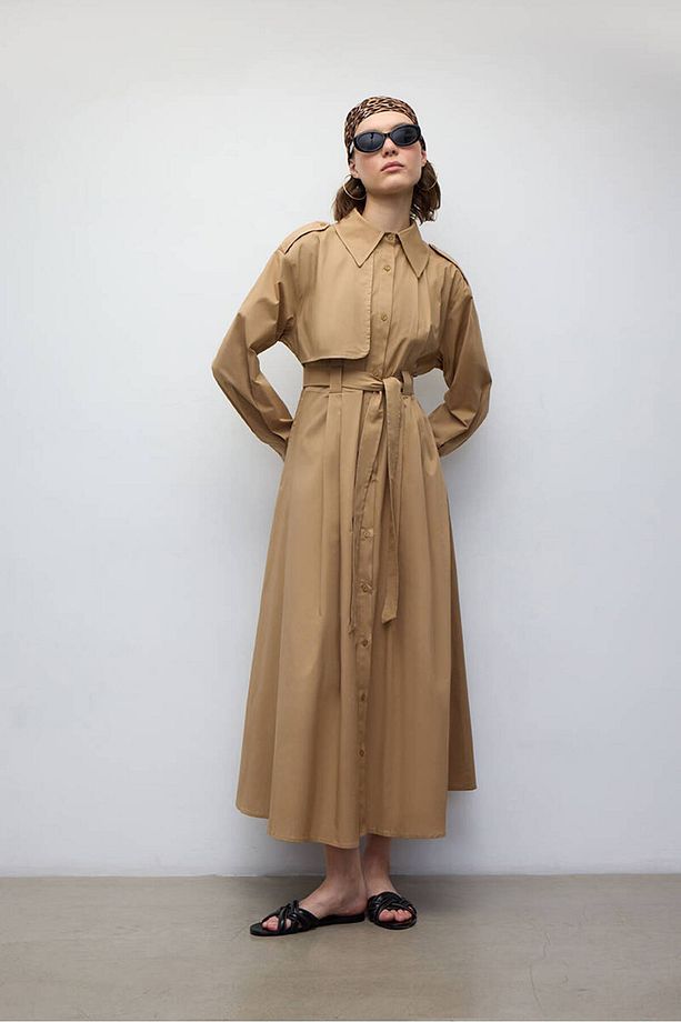 CAMEL PAMUKLU TRENÇ ELBİSE - 5