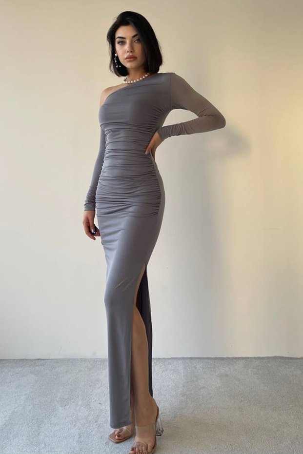 Women's Flexible Sandy Fabric One-Shoulder Low-Cut and Slit Design Maxi Smoked Dress 317