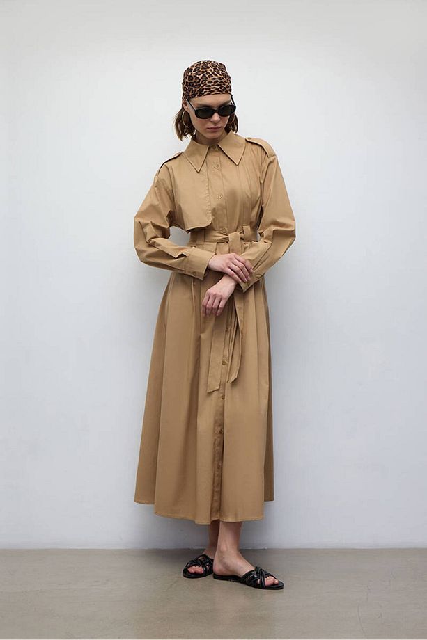 CAMEL PAMUKLU TRENÇ ELBİSE - 6