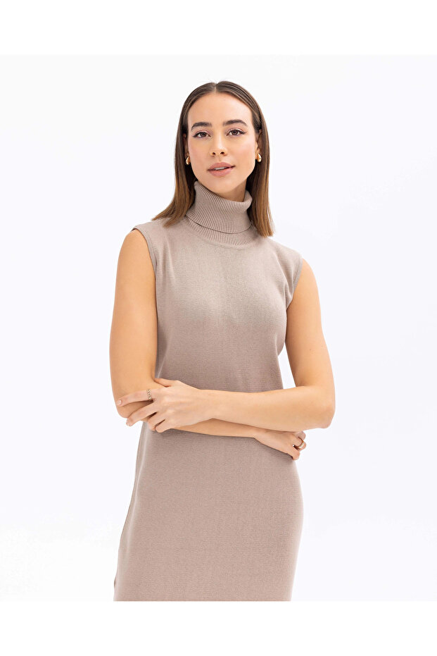 Balıkçı Yaka Kolsuz Basic Triko Elbise - 3