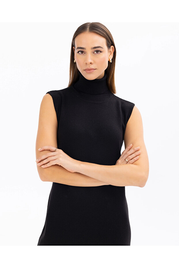 Balıkçı Yaka Kolsuz Basic Triko Elbise - 3