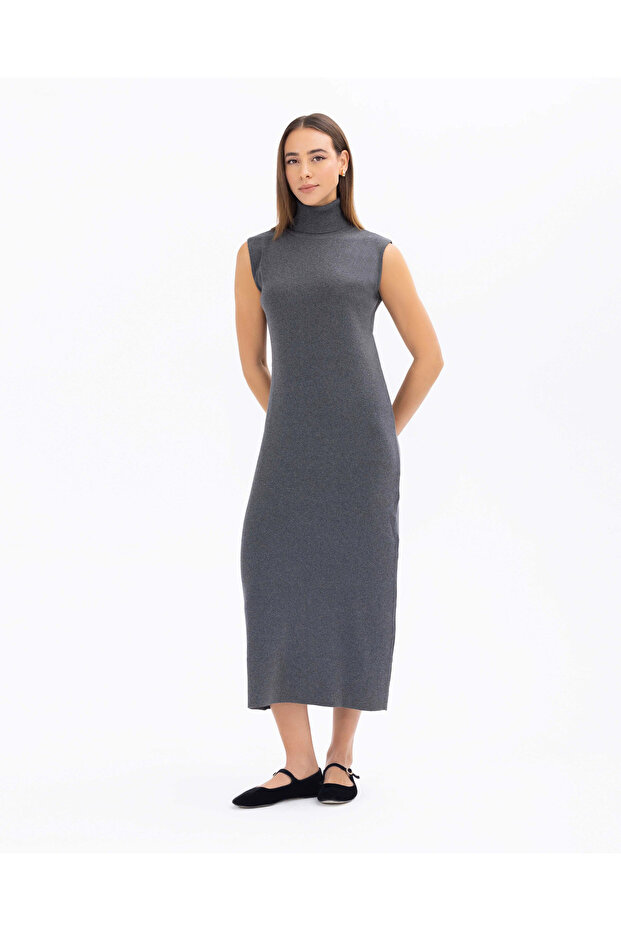 Balıkçı Yaka Kolsuz Basic Triko Elbise - 4