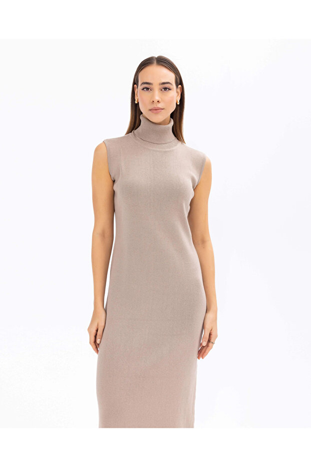 Balıkçı Yaka Kolsuz Basic Triko Elbise - 1