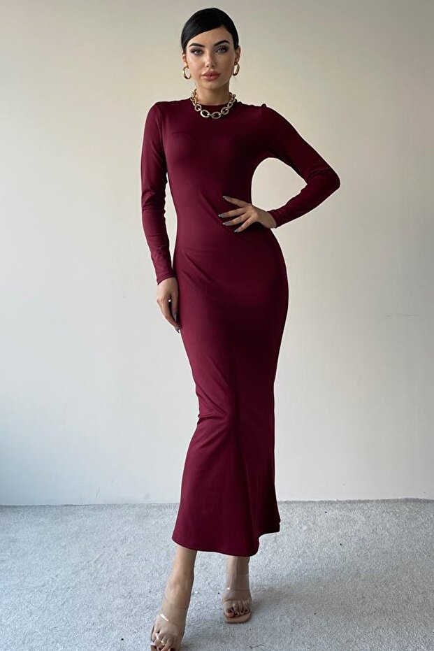 Women's Stretchy Sandy Fabric Long Sleeve Midi Burgundy Basic Dress 323