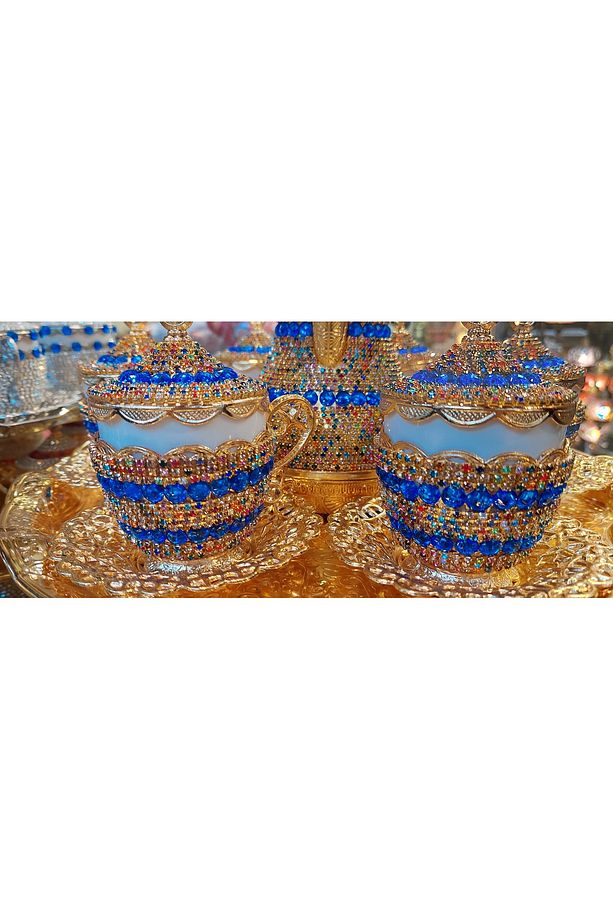 El Yapımı Mavi Taşlı Gold Neskafe Kahve Takımı ve Semaver - 1