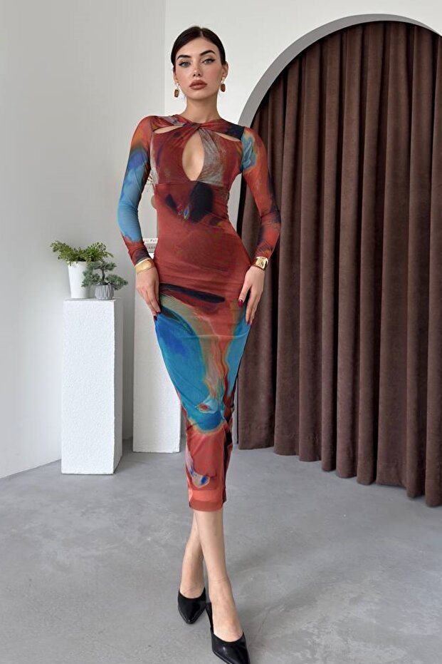 Women's Lined Tie-Dye Pattern Tulle Fabric Chest Cutout Midi Evening Dress 322