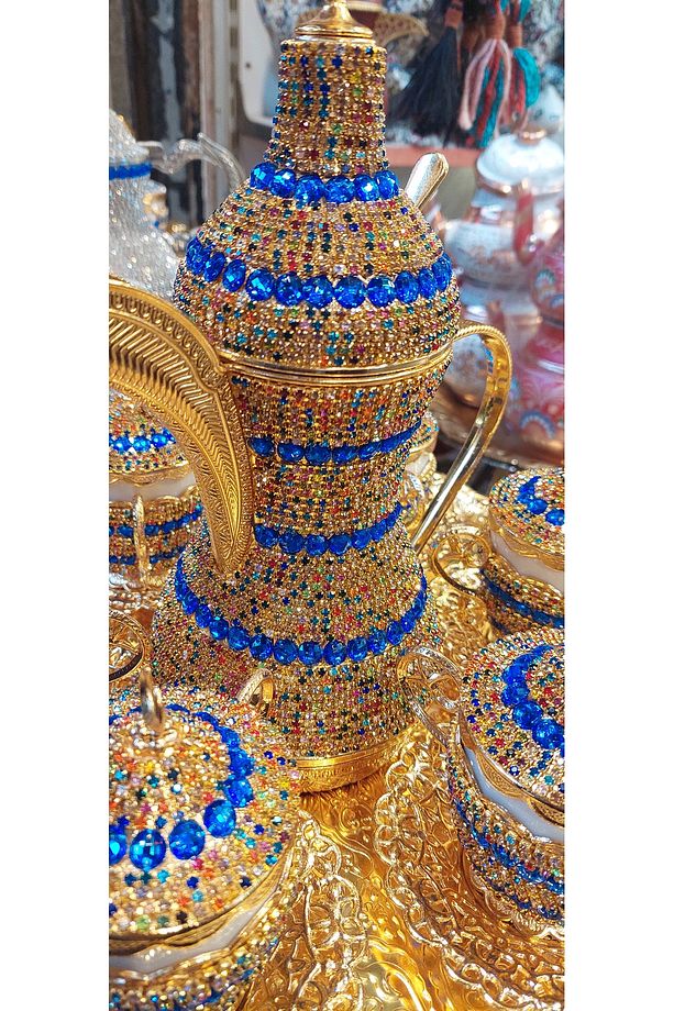 El Yapımı Mavi Taşlı Gold Neskafe Kahve Takımı ve Semaver - 4