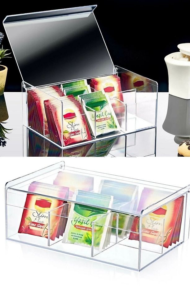 Çay Kutusu 6 bölmeli Kapaklı Poşet Bitki Çayı Saklama Kabı - 1
