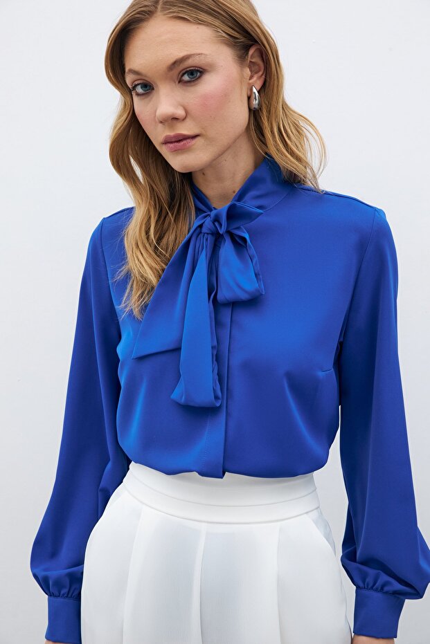 Tie Collar Plain Shirt - Sax Blue