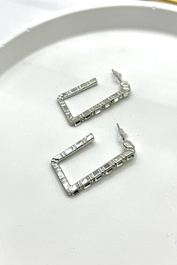 Women's Earrings Cutout Rectangle Zircon Stone Line Pattern Hoop Earrings