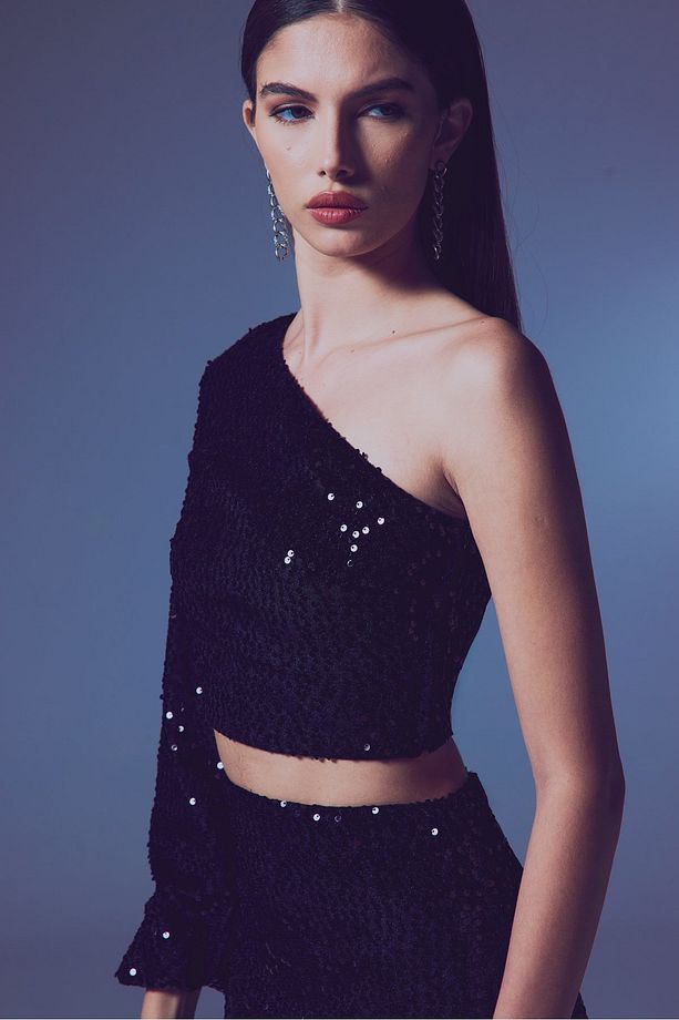 Tek Kollu Crop Bluz - SİYAH - 5
