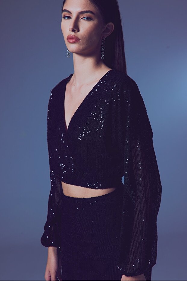 بلوزة مزينة بالترتر ذات طبقتين - أسود - 4