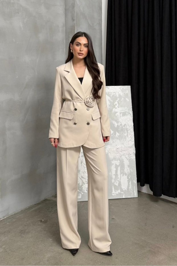 Women's Beige Blazer Jacket and Trousers Set Wide-Leg Button-Detail